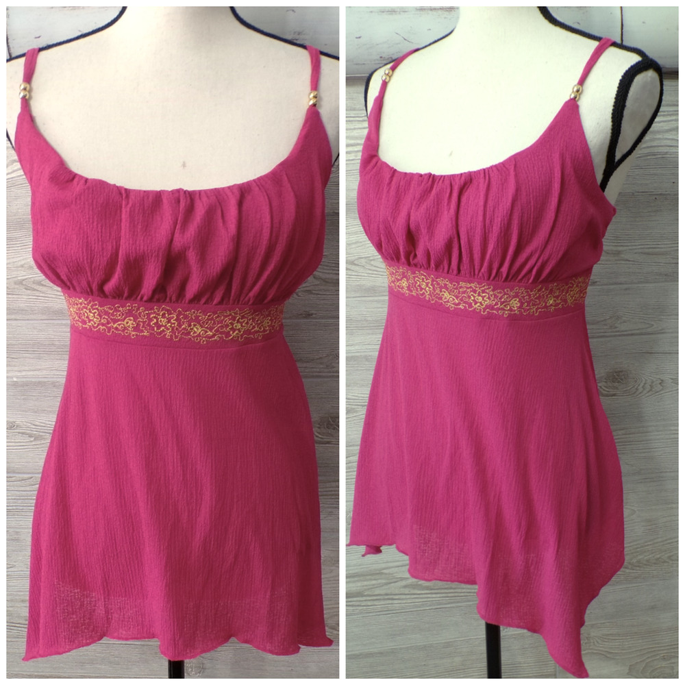 Y2k Babydoll top L Asymmetric Pink Crinkle Gold embroidery Coquette Boho Fairy